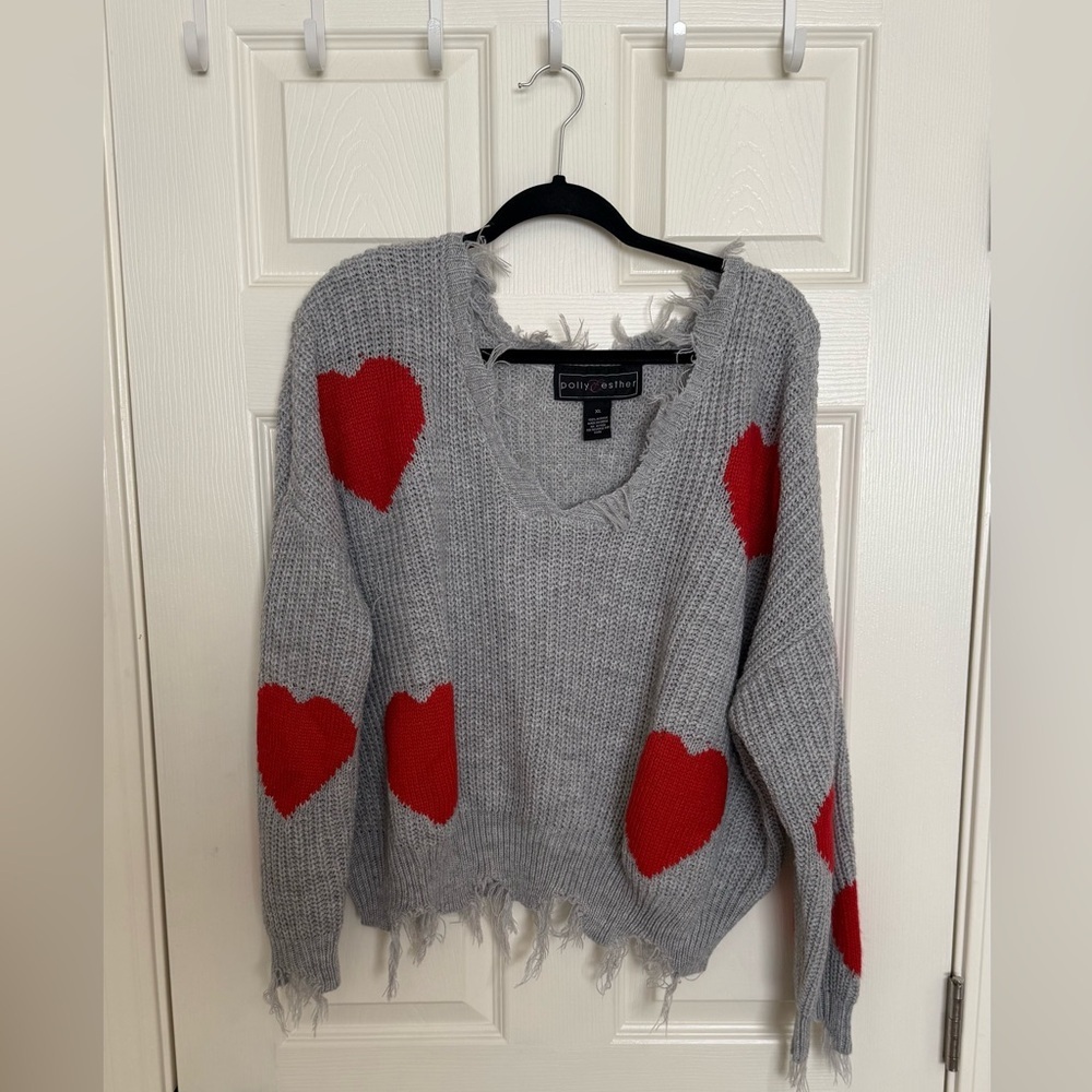 Polly & Esther Gray Sweater with Red Hearts